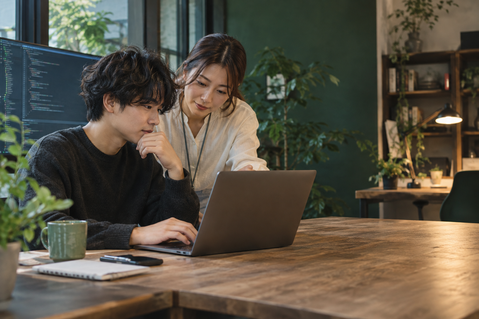 チューターと一緒に、パソコンでコードを確認する様子